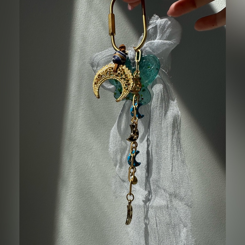 Gold and Blue Crescent Moon Pendant Bagcharm